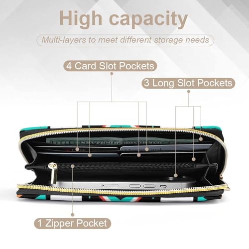 Women's Travel Zipper Purse Fashion Design, Huge Storage Capacity Purse, Cute Decor Wallet, Long PU Wallet Ethnic Aztec Geometric Indiana Western Southwest Pattern4