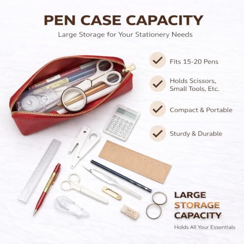 Image of Pencil Case Small Pencil Pouch Slim Zipper Pen Holder School Office College(Bright Red,Faux Leather)