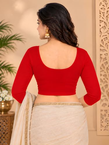 Image of Abhi Cotton Readymade Saree Blouse for Women- 3 /4 Sleeve, Round Neck, Regular-fit, Stretchable, Pull-on Style