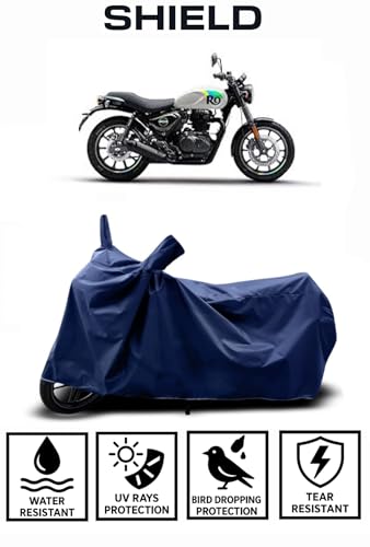 Image of Shield Heavy Duty Bike Cover for Royal Enfield Hunter 350 | All-Season, Tear-Proof Fabric | with Side Mirror Pocket & Buckle Belt | Royal Enfield Hunter 350 Bike Cover (Blue)