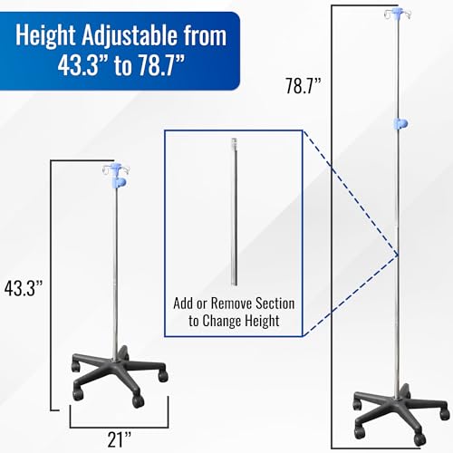HealthSmart Rolling IV Pole Stand –Heavy Duty Stainless Steel, Adjustable 43.3″–78.7″ Height, 4-Prong IV Bag Holder, 5 Caster Wheels, Easy Assembly, 45 lb Capacity, Medical & Home Care - Thumbnail 4