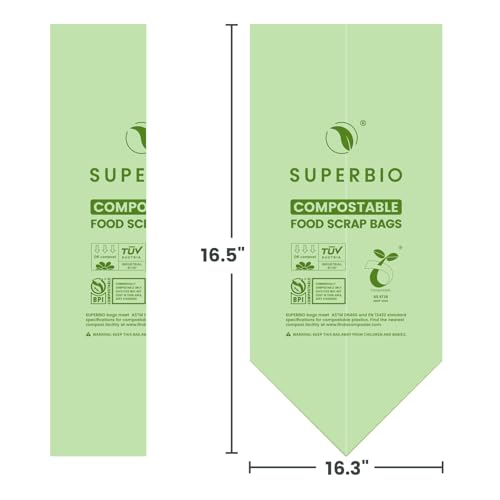 SUPERBIO 2.6 Gallon Compostable Food Waste Bags, 100 Count, 1 Pack, Flat Top Food Scrap Bags, ASTM D6400,Certified by BPI and OK compost INDUSTRIAL,9.84L