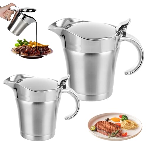 LDXDRU 2PCS Gravy Boat Stainless Steel Gravy Jug with Lid 450ml and 750ml