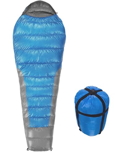 SAEROVIE Mummy Sleeping Bag, 0 Degree Sleeping Bags for Adults Cold Weather, Applicable Temperature Range 23-68℉, Made with 3Lbs Hollow Cotton and Two-Tone Waterproof Fabric (Blue & Gray Patchwork)