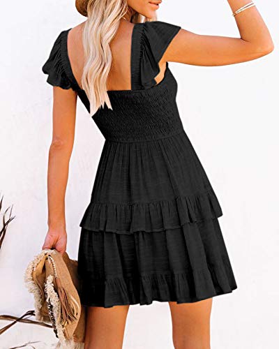 Image of Women Summer Dresses Casual Boho Smocked Ruffle Sun Beach Babydoll Mini Dress Layered Flowy Swing Dress