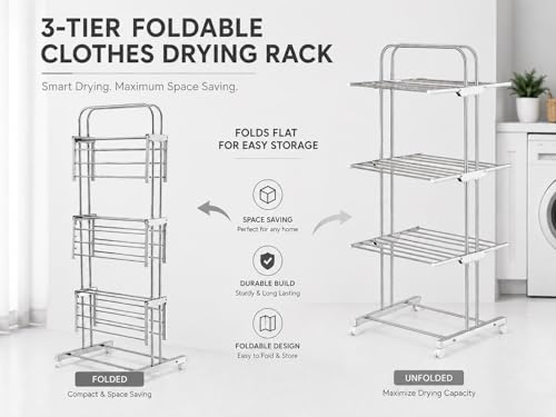 Image of KITCHIVO 3 Tier Rolling Clothes Drying Rack with Wheels, Stainless Steel Laundry Organizer and Garment Dryer Stand for Home, Balcony and Utility Room (3-Tier S.S)
