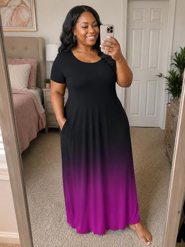 Image of PinkPatty Women's Plus Size Maxi Dresses Short Sleeve Sundress Summer T-Shirt Beach Long Dress with Pockets