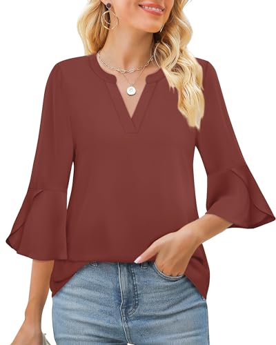 Gaharu Ruffle 3/4 Sleeve Tops for Women V Neck Blouse Dressy Chiffon Shirt Casual Tops Business Blouses Formal Tunics Office Work Clothes Brick Red,M - Thumbnail 2