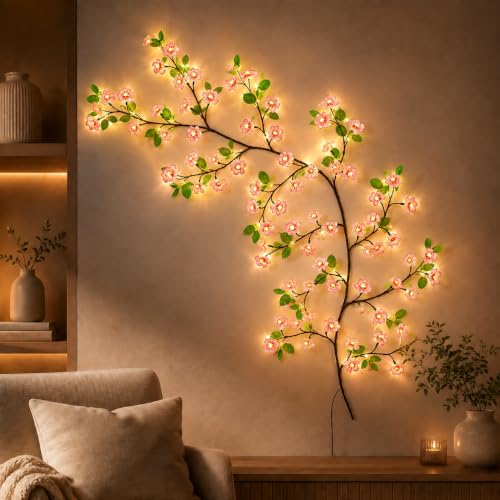Image of One94Store DIY Cherry Blossom with Leaves LED Vine Wall Light | 72 Warm White LEDs | USB Powered Flexible Floral Branch | Fairy String Lights for Bedroom, Living Room, Home, Wedding & Festival Decor