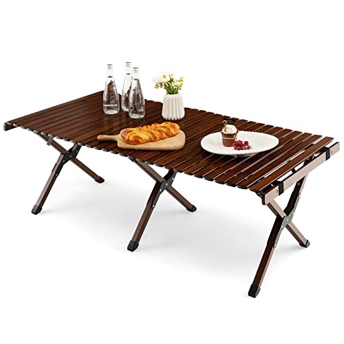 GOPLUS Mesa de camping plegable de madera, mesa de picnic portátil con bolsa de transporte, mesa de bambú enrollable, mesa de camping de viaje al aire libre para patio, terraza, jardín (café)
