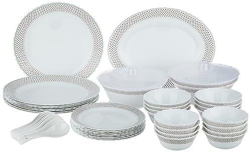 Larah by Borosil Waltz Fluted Series Opalware Dinner Set | 44 Pieces for Family of 8 | Microwave & Dishwasher Safe | Bone-Ash Free | Crockery Set for Dining & Gifting | Plates & Bowls | White