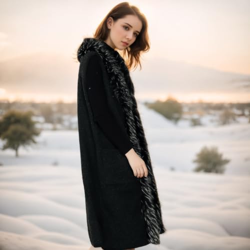 Womens Long Waistcoat Fuax Fur Trim Winter Vest Sleeveless Cardigan3