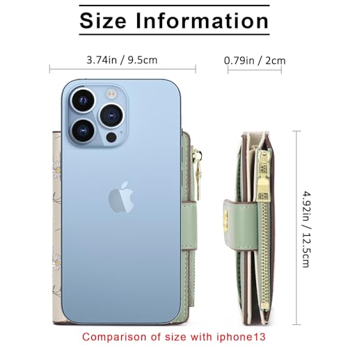 Image of Small Wallets for Women Leather Bifold Zipper Pocket Wallet Cute Flower Credit Card Holder Coin Purse with ID Window