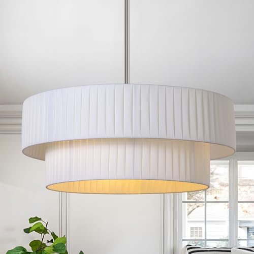 LamQee 20" Modern Drum Chandelier, 3-Light Hand-Pleated Fabric Pendant Light Fixture, White Shade and Nickel Finish, 2 Tier Semi Flush Mount Ceiling Hanging Lighting for Dining Room Kitchen Bedroom