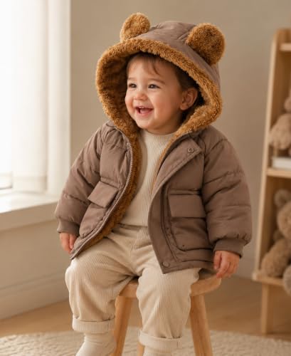 Image of BFUSTYLE Baby Coat 6M-5T Winter Clothes Toddler Boy Girl Jacket with Hood | Long Sleeve Soft Fleece Lined Windproof Lightweight Zipper Closure Bear Ear Hooded Kids Outerwear