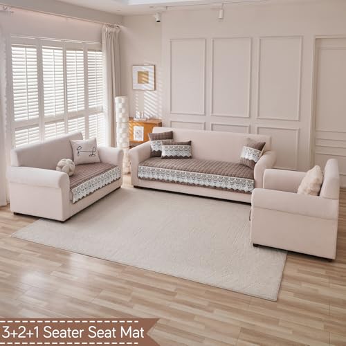 Image of HOKIPO 'BelleLace Series' 6 Seater Sofa Cover Mat in 3 Seater and 2 Seater and 1 Seater Configuration | Imperial Milk Velvet Mat with Anti Slip Backing, Mocha Brown (AR-5966+5964+5962-BRN)