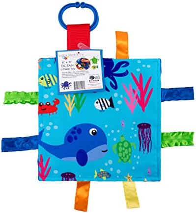 Baby Jack & Co 8x8” Ocean Lovey Tag Toys for Babies - Baby Crinkle Toys - Crinkle Toys for Baby - Soft & Safe - Learn Shapes & Colors - Ideal Baby Toy & Shower - BPA Free w/Stroller Clip