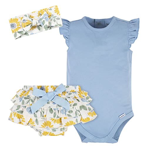 Gerber Baby Girls Short Sleeve Onesies, 3-Piece Bodysuit, Diaper Cover & Headband Set, Yellow Sunflower, 0-3 Months US