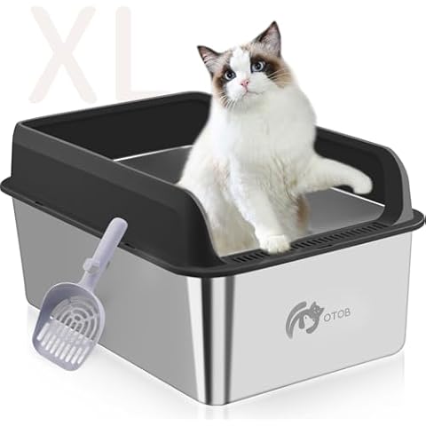 OTOB Stainless Steel Cat Litter Box Enclosed, XL Extra Large Litter Boxes for Big Cats, High Sided Metal Cat Litter Box with Lid & Litter Scoop, Anti-Urine Leakage, Non-Sticky, Easy Cleaning, Black Cover