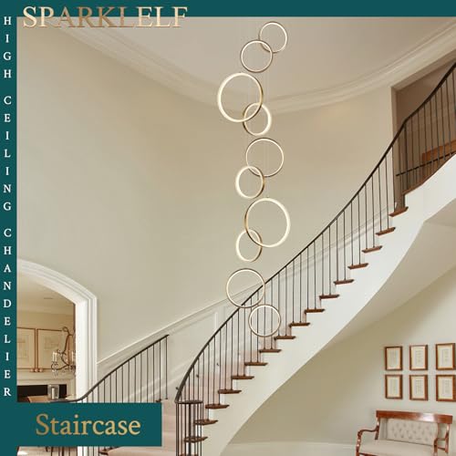 Sparklelf 10 Rings Modern LED Chandelier for High Ceiling Dimmable Gold Contemporary Pendant Light Fixture Long Foyer Chandelier for Entryway Staircase Dining Room Living Room, 3000-6500K by Sparklelf - Image 5
