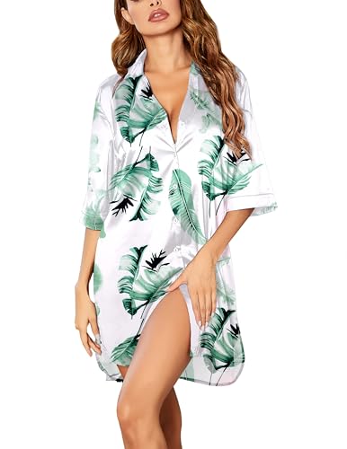 Image of Ekouaer Women's Satin Nightshirt Button Down Sleepshirt Silk 3 /4 Sleeve Nightgown Boyfriend Notch Collar Sleepwear S-3XL