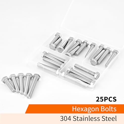 Image of M8 x 30mm 35mm 40mm 45mm 50mm Heavy Duty Hexagon Bolts Hex Head Screws, 304 Stainless Steel, Machine Fully Thread, Metric, Bright Finish, Assortment Kit 25PCS