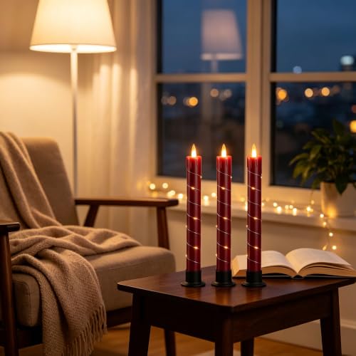 Image of Da by 3 Pack Red Dripping Wax Flameless Candles, Realistic Dynamic Flame LED Taper Candles with Surrounding Fairy String Lights, Remote Control Battery Operated Candles for Home Wedding Holiday Decor