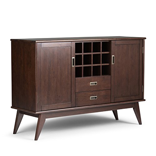 SIMPLIHOME Draper Solid Rubberwood 54 inch Mid Century Modern Sideboard Buffet and Wine Rack in Medium Auburn Brown features 2 Doors, 2 Drawers and 2 Cabinets with 12 Bottle Wine Storage Rack