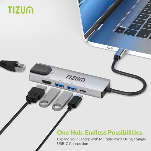 Image of Tizum 5-in-1 USB C HUB with Ultra HD 4K HDMI @30Hz, 100W PD Charging, Ethernet 100Mbps, USB 3.0 5Gbps, USB 2.0, Aluminium Alloy Shell, Type C Multiport Adapter for MacBook, Laptop, Tablet, Plug & Play