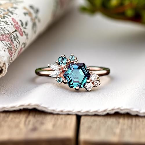 "Vintage Hexagon Cut Alexandrite Ring: Color-Changing Engagement & Moissanite Band Set in Gold/Silver, Art Deco Cluster Bridal Jewelry Gift2