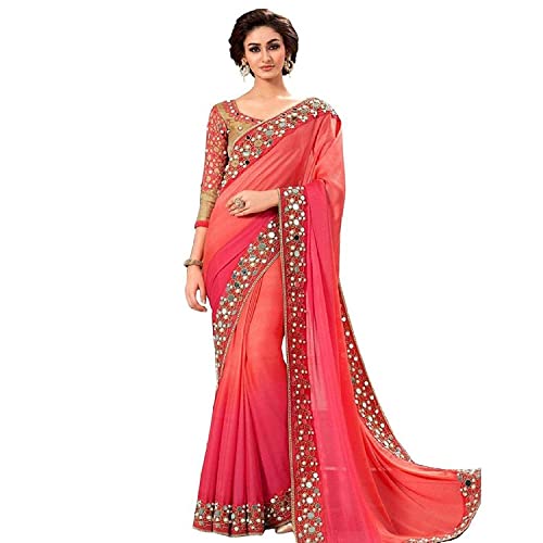 Sari en georgette femme vêtement traditionnel indien orange pêche taille unique avec chemisier
