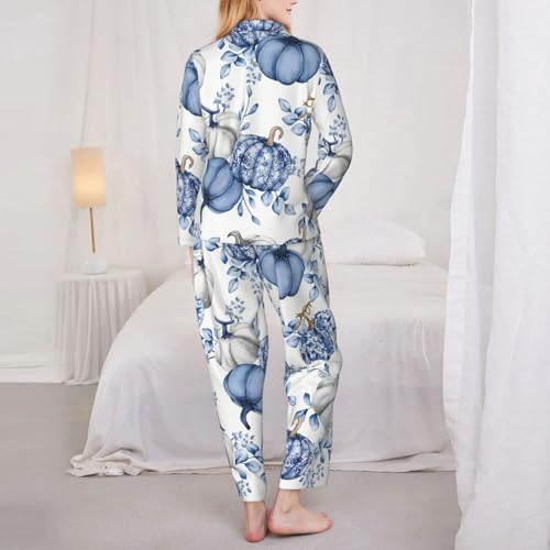 Fall Pumpkin Pajama Women'S Blue Pumpkin Bows Pajamas Set Long Sleeve Long Pants 2pcs Sleepwear4
