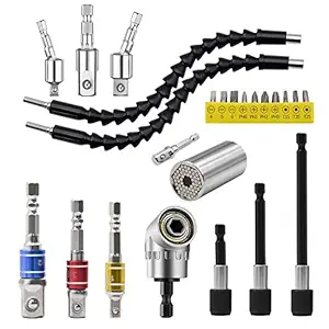 Flexible Drill Bit Extension Set & Universal Socket Tool, 2pcs Bendable Drill Bit Extension, 3pcs Drill Bit Holder, 3pcs 360 degree Rotatable/Universal Socket Adapter, 105 degree Right Angle Drill