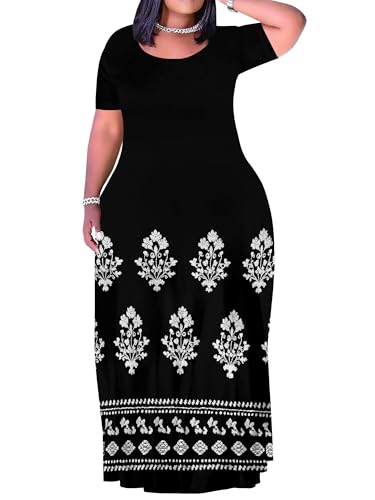 Image of PinkPatty Plus Size Maxi Dress for Curvy Women Crew Neck Long Sleeves Casual Dress Vacation Sundresses with Pockets