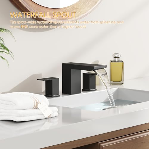 BESy Matte Black Bathroom Faucet 3 Holes Two Handles Vanity Widespread 8 Inch Bathroom Sink Faucet, Waterfall Bathroom Sink Faucet with cUPC Supply Hoses, Pop Up Drain, Stainless Steel by BESy - Used condition - Image 4
