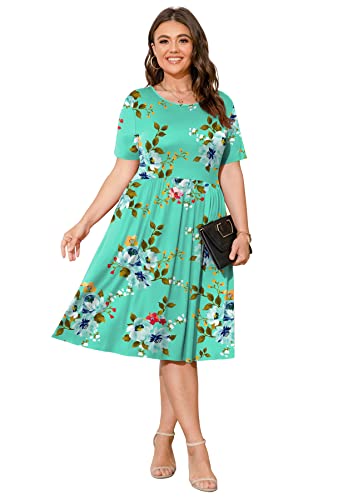 Image of POSESHE Womens Plus Size Summer Dress 2026 Casual Short Sleeve Empire Waist Loose Fit Swing T-Shirt Dress with Pockets