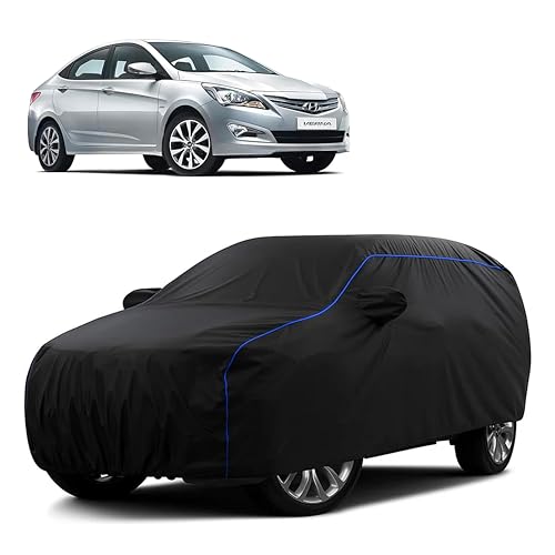 Image of Sulfar 100% Water Resistant Car Body Cover Compatible with Mirror for Hyundai Fluidic Verna 4S (Triple Stitched, Full Bottom Elastic, Black Tafetta with Blue Piping)