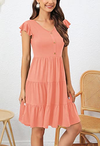 Image of Lamilus Summer Dresses for Women 2026 Ruffle Sleeve V Neck Non-See Through Tiered Babydoll Mini Dress Graduation Beach