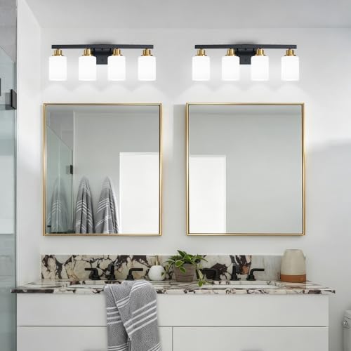 Image of Black and Gold Bathroom Light Fixtures 4-Light Vanity Lights 24in | White Frosted Ribbed Glass Shade Bathroom Vanity Lights Bathroom Lights over Mirror Wall Lamp for Restroom E26 Base