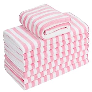 gryeer 8-pack microvezel theedoeken, super absorberend, zachte en dikke keukenhanddoeken (400 g/m², 117 g/stuk), ruit ontworpen met hangende lussen, 65 x 45 cm, roze
