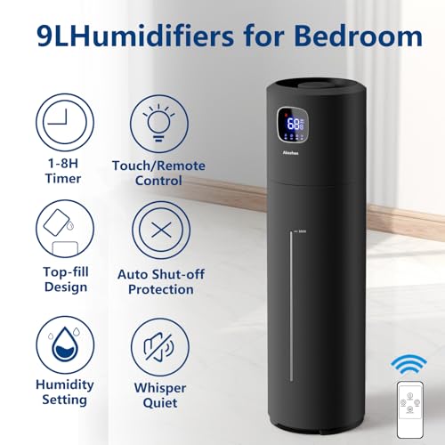 Akeshan Large Humidifiers for Bedroom, 9L/2.5Gal Ultrasonic Cool Mist, Top Fill Easy Clean with 350ML/H Mist Speed, Quiet, Suitable for Kids Room Plant Yoga Office Study Room Living (Black, Round) by Akeshan - Image 2
