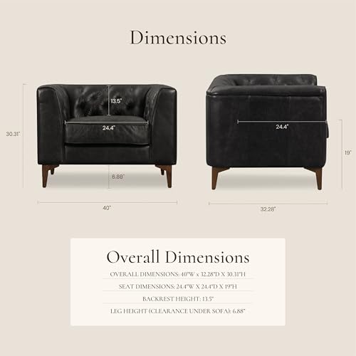 Image of POLY & BARK Essex 40 inch Lounge Chair - Onyx Black Full-Grain Pure-Aniline Italian Leather, Tufted Back & Arms, Feather-Down Cushions, Walnut Wood Legs