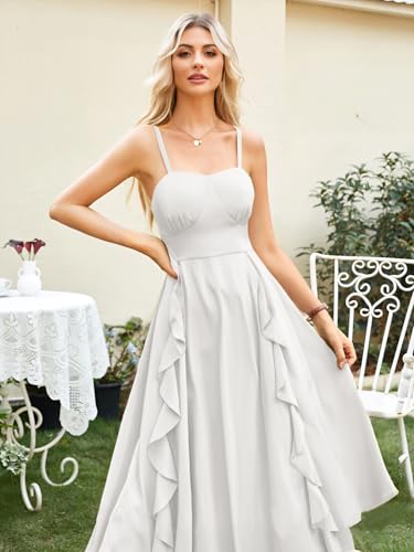Image of Belle Poque White Midi Dress Elegant Sleeveless Empire Waist Graduation Cocktail Formal Dress with Ruffles L