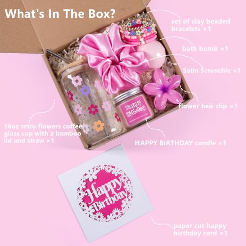 Image of JTEWB Birthday Gifts For Women, Teen Girl, Her, Happy Birthday Gift Box For Girl, Women, Sister, Daughter, Friends, Cute Daisy Aesthetic Glass Cups Gift Set 7pcs (Multicolor)