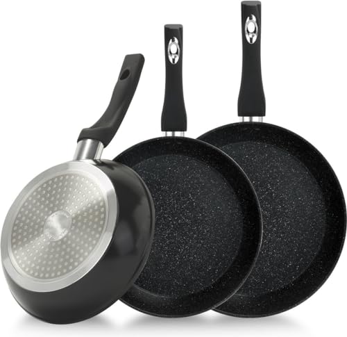 Royalty line Lot de 3 Poêles en Fonte d’Aluminium Premium, sans PFOA, Tous Feux Compatible Cuisson, Cuire sans Huile ni Graisse ⌀ 20, 24 et 28 cm (Noir)