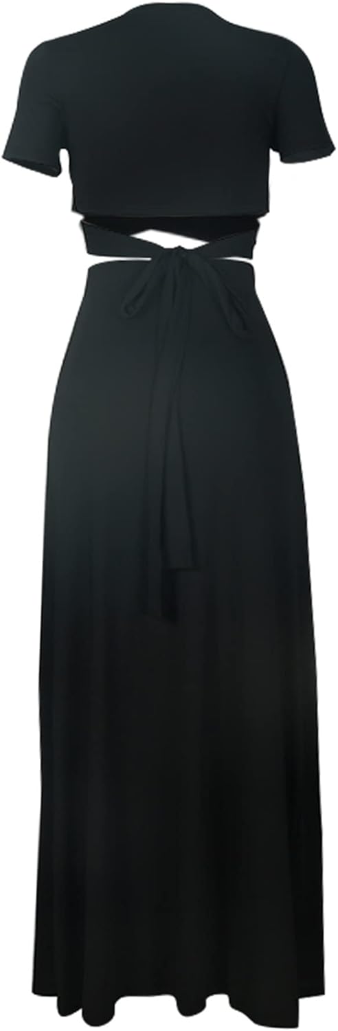 MESLIMA Women Casual 2 Piece Outfits Sexy V Neck Crop Top Boho Floral Print Beach High Split Maxi Dress Sets - Image 7