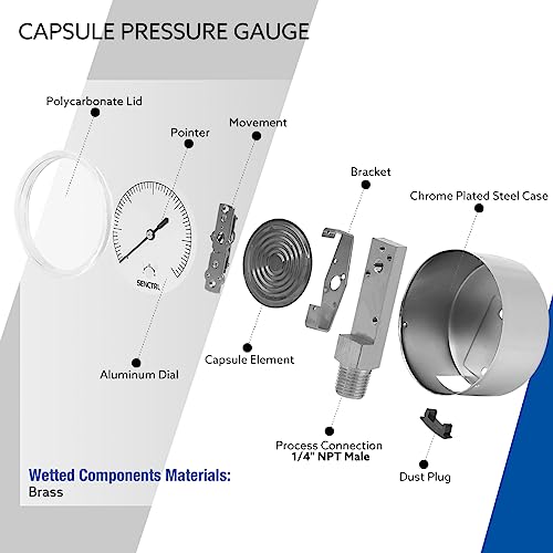 senctrl 0-5 psi low pressure gauge capsule gauge 2-1234 dial size 1434 npt lower mount zero adjustment for air water gas pressure test