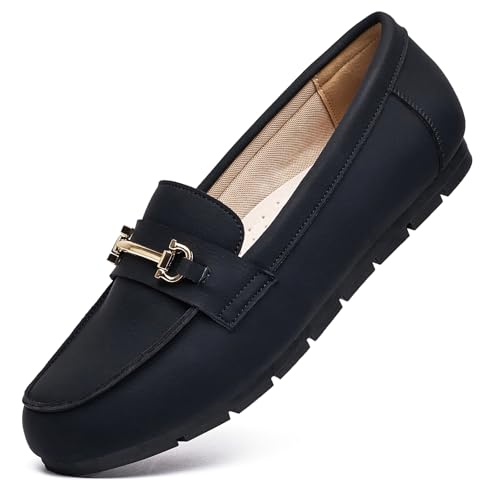 Image of Genuine Leather Loafers for Women Driving Moccasins Business Casual Work Shoes Comfortable & Lightweight Womens Dress Flats Slip On Shoes