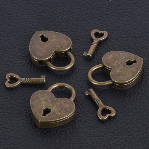 Image of Lock Antique Brass Padlock with Key, Vintage Heart Shape Anti-Theft Mini Padlock Bag Travel Suitcase Luggage Box Case Key, Keyed Padlocks, Padlocks and Hasps