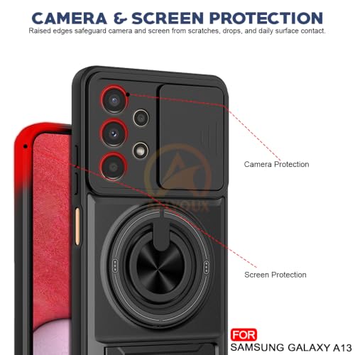 Image of Samsung A13 Back Cover | Armor Camera Slider 360 Degree Rotating Finger Ring Holder Case with Bracket Stand Back Case Cover (Compatible with MagSafe Accessories) (Black)